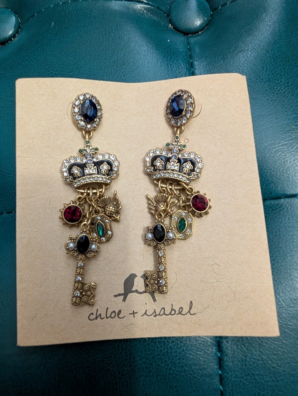 chloe + isabel Gold-Tone Crown & Key Drop Earrings with Multi-Colored Stones